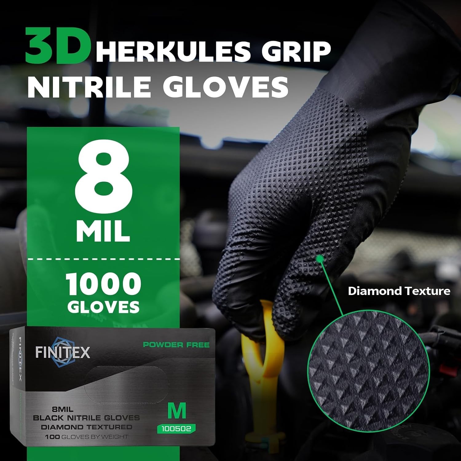 Diamond Textured Black Nitrile Gloves 8Mil – 1000PCS, Ultimate Grip & Protection