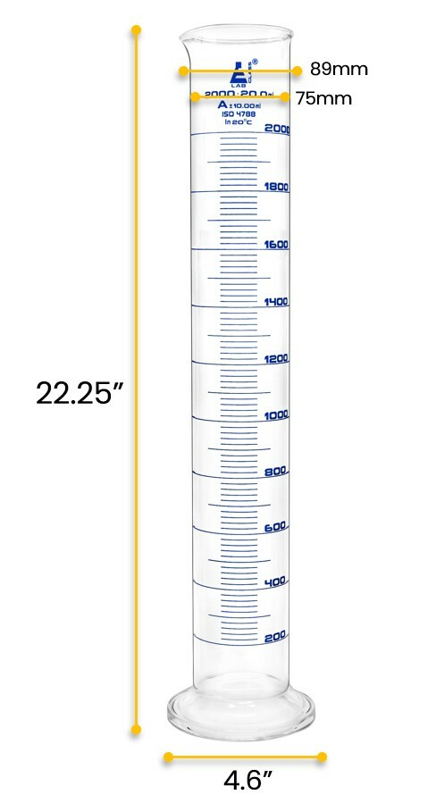 Eisco Labs 2000ml Graduated Cylinder, Class A – Blue Graduations, Round Base