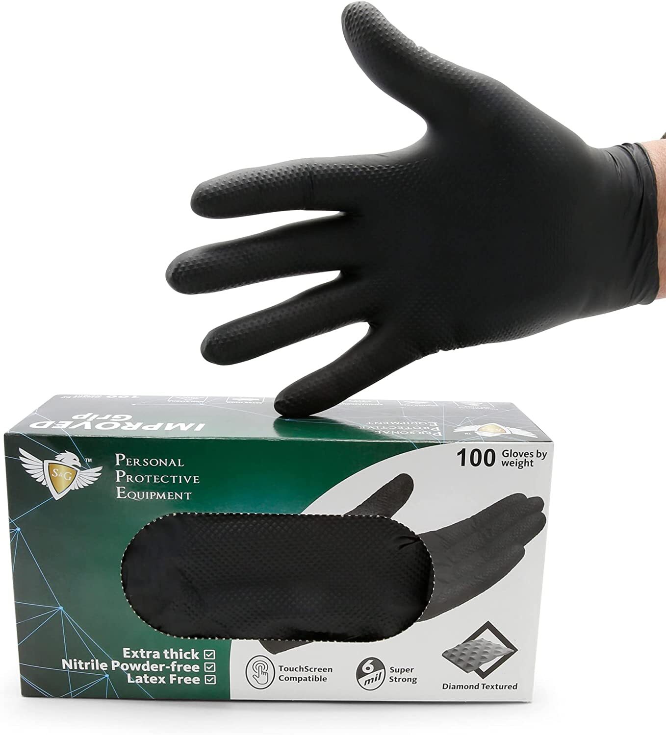 S&G Heavy Duty Black Nitrile Disposable Gloves Powder Latex Free 6 Mil M L XL