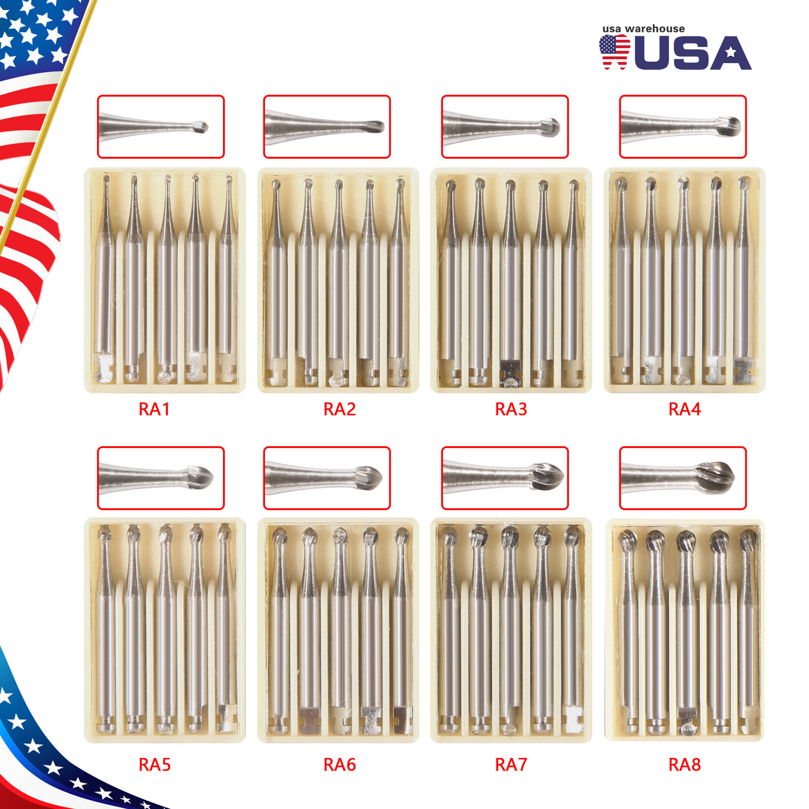5 Pcs/Pack Dental RA Round Carbide Bur For Slow Speed Latch Type RA 1#-8# po