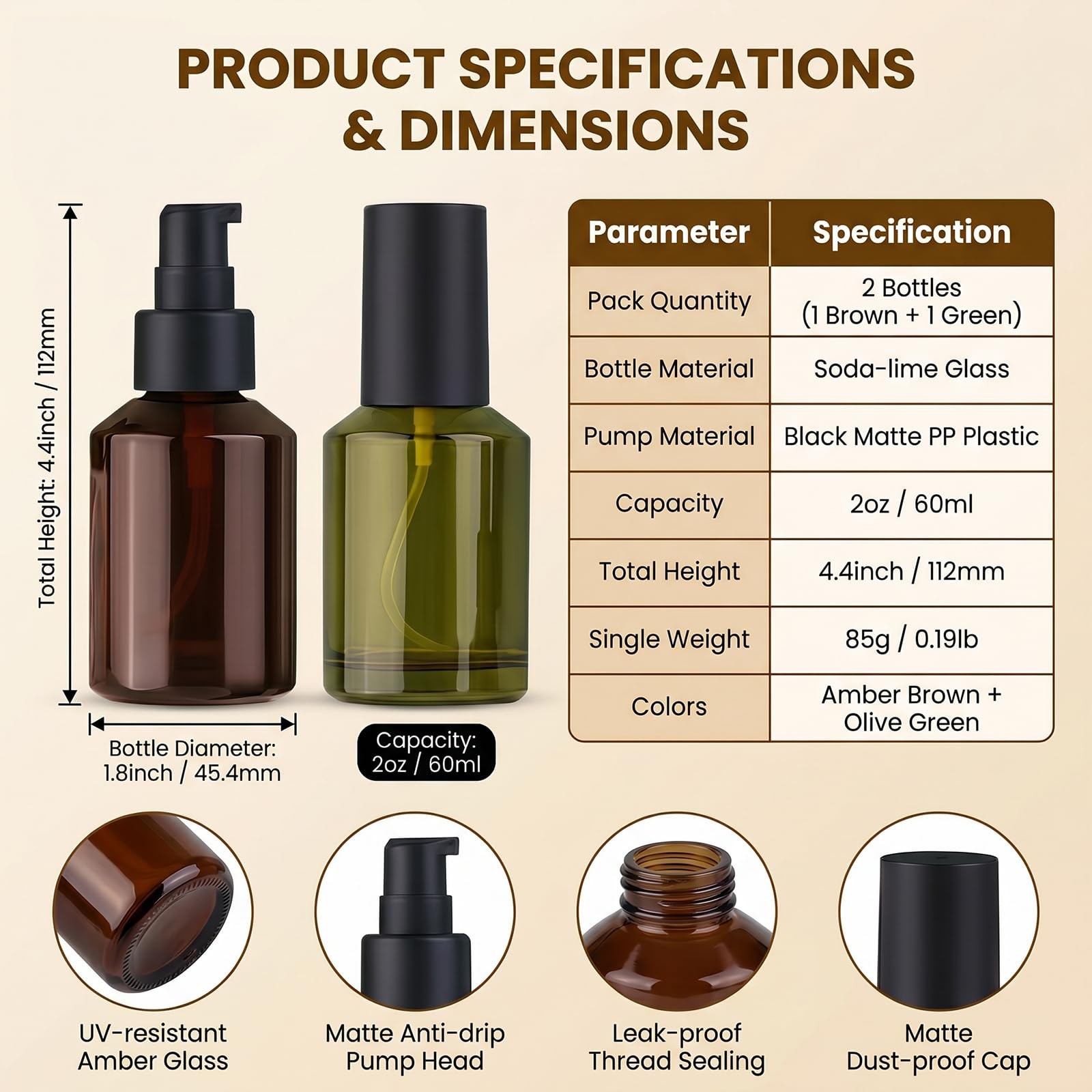 2Pcs 60ml/2oz Empty Refillable Glass Lotion Pump Bottle 60ml/2oz, Amber+Green