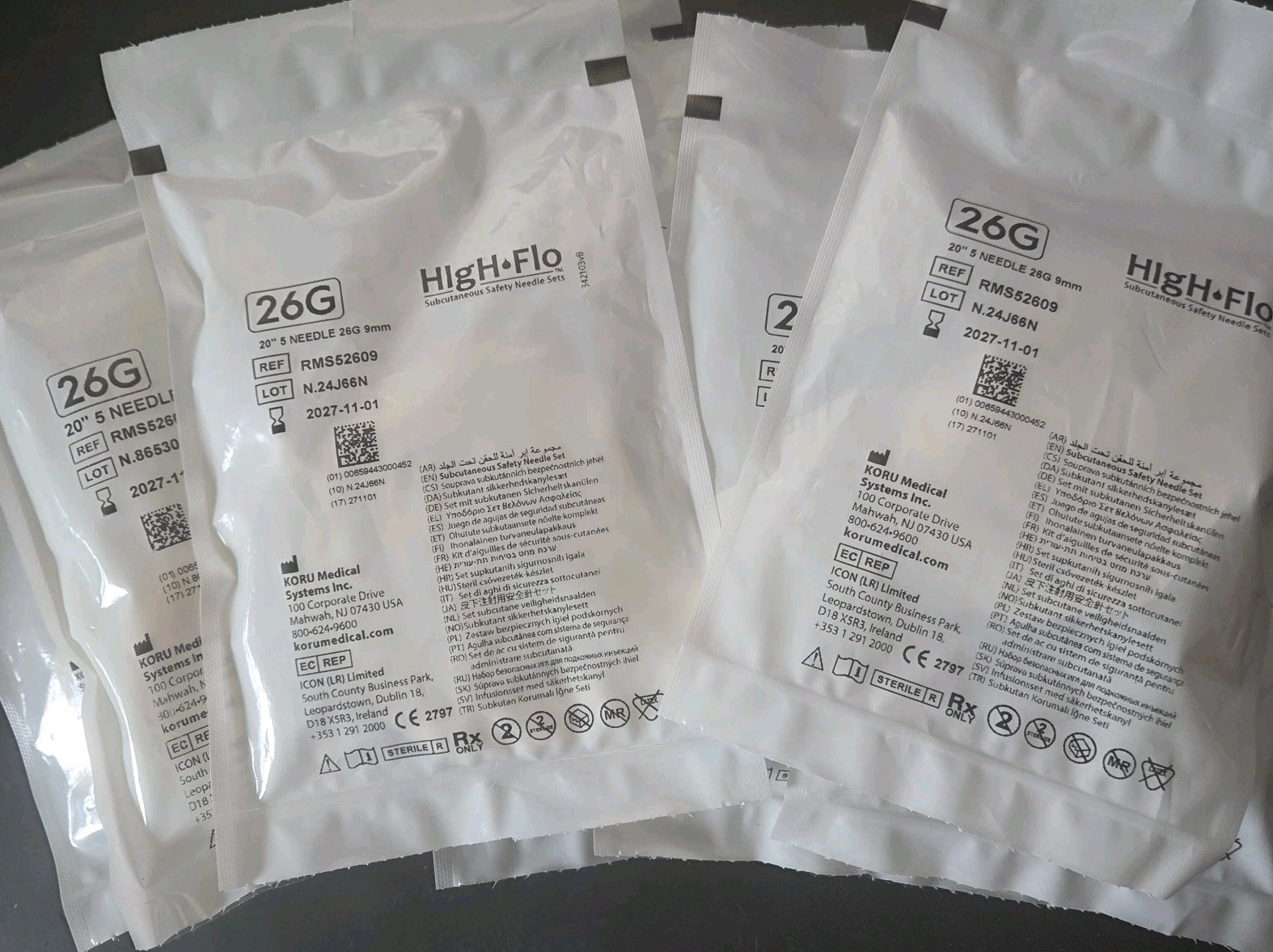 Lot of 8 Koru HIgH-Flo Subcutaneous Safety Needle Sets 26G 9mm 20″ EXP 2027