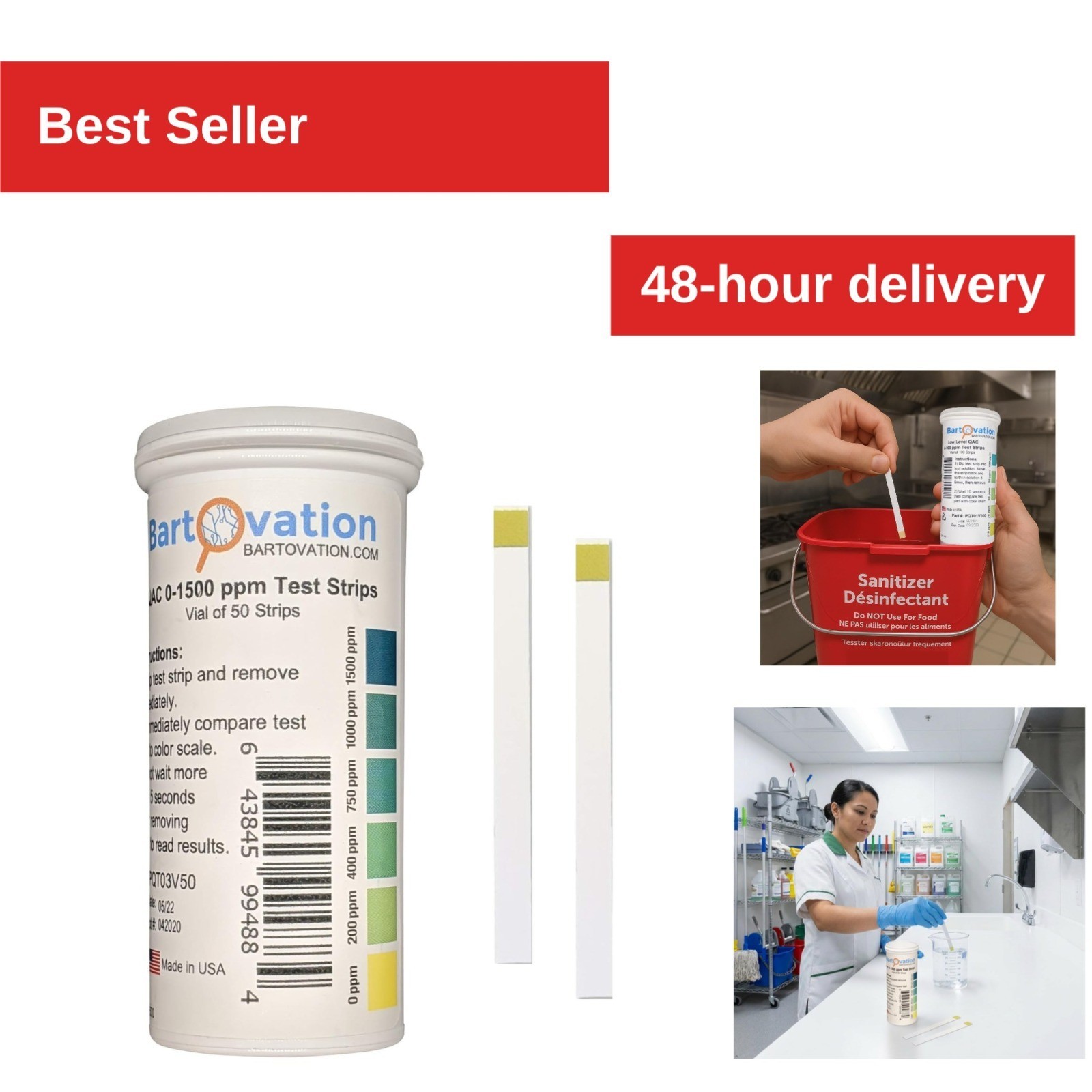 Bartovation Quaternary Ammonium Sanitizer Test Strips, 0-1500 ppm, 50-Pack