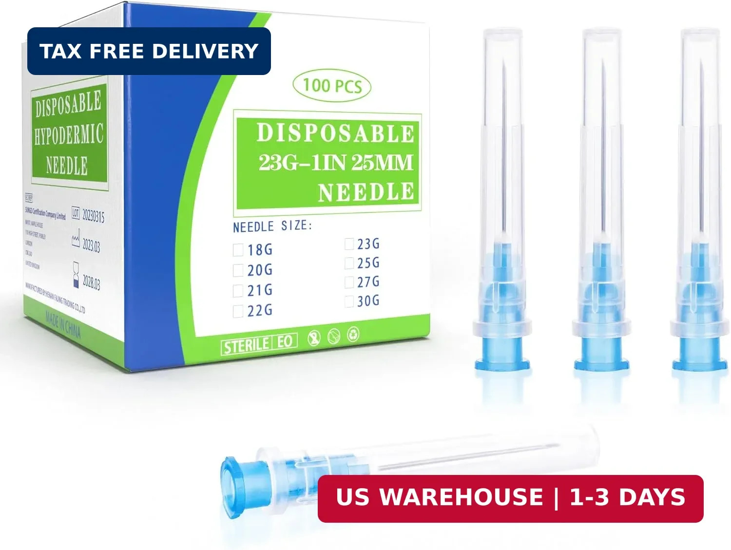 23 Gauge 1 Inch Disposable Needles with Caps for Scientific and Lab Dispensing,