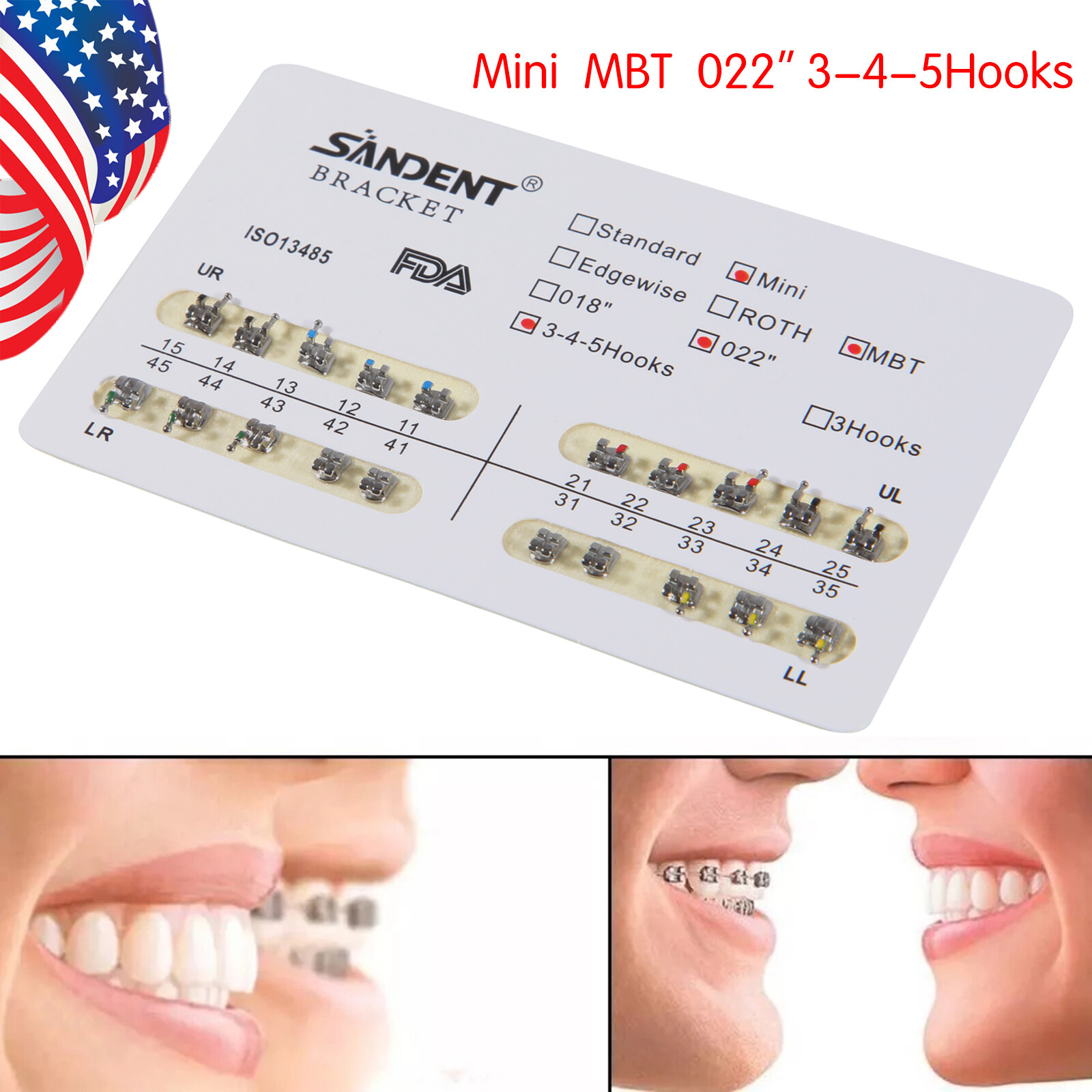 10X Dental Orthodontic Metal Brackets Braces Mini MBT Slot.022 345 Hooks ARCH