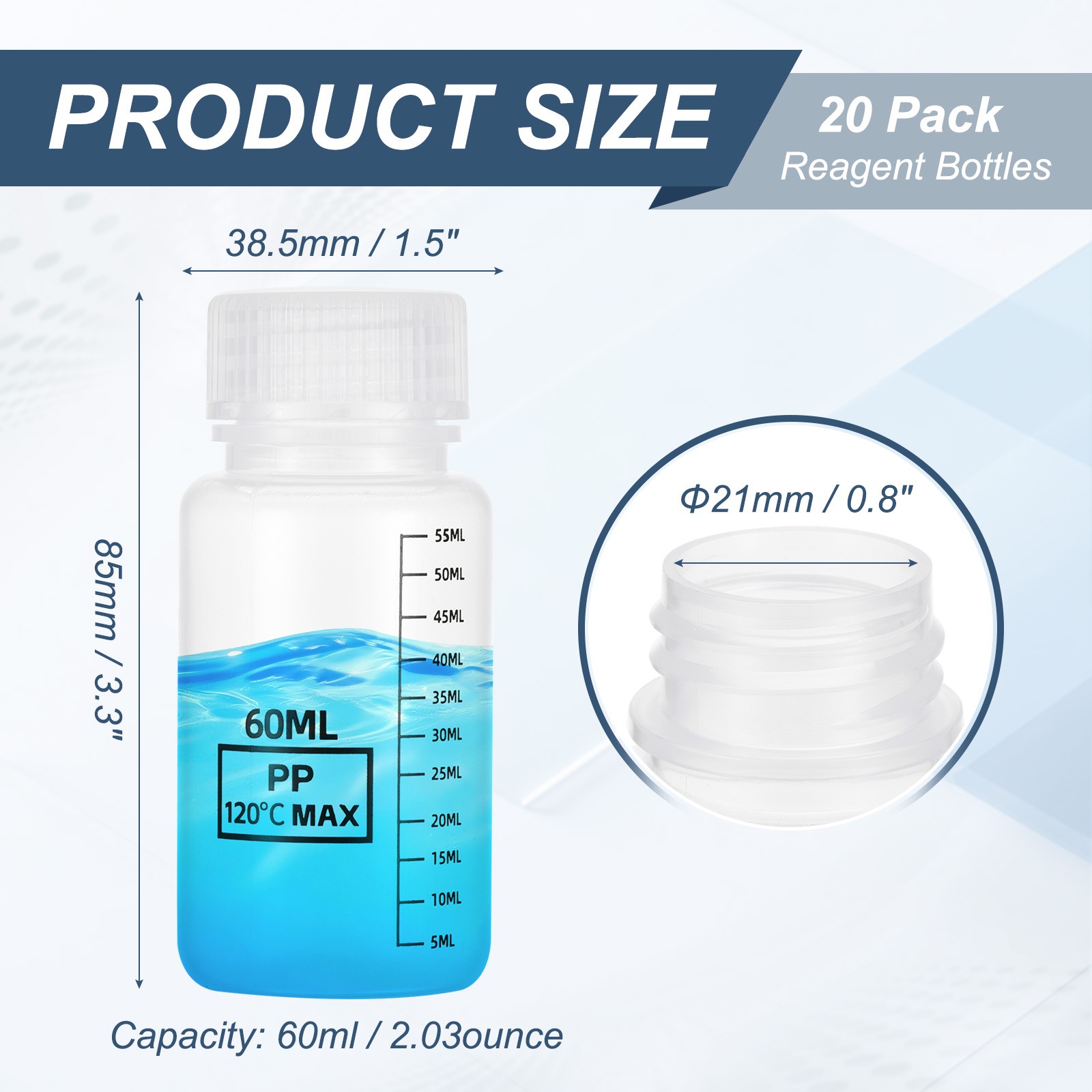 20 Pcs Plastic Sample Bottles with Screw Caps, 2 oz 60ml Reagent Bottles, Clear