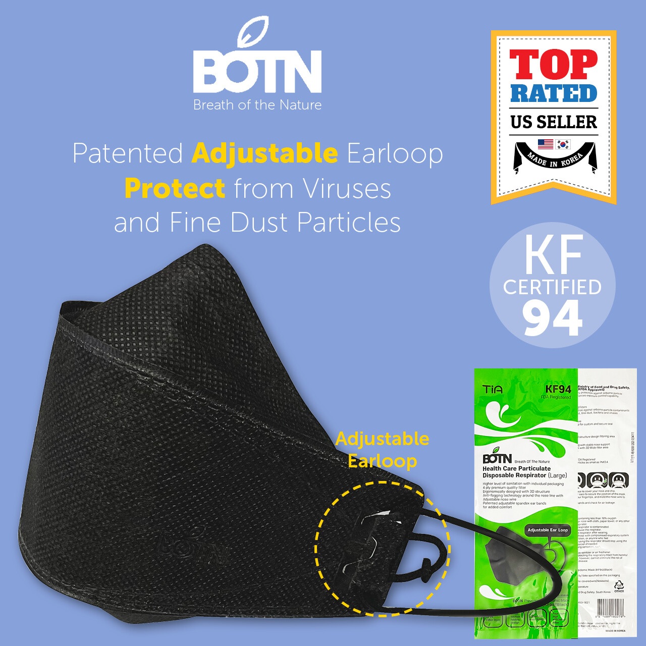 10 PCS KF94 BLACK Protective Face Mask Adult L Made in Korea KFDA Approved BOTN