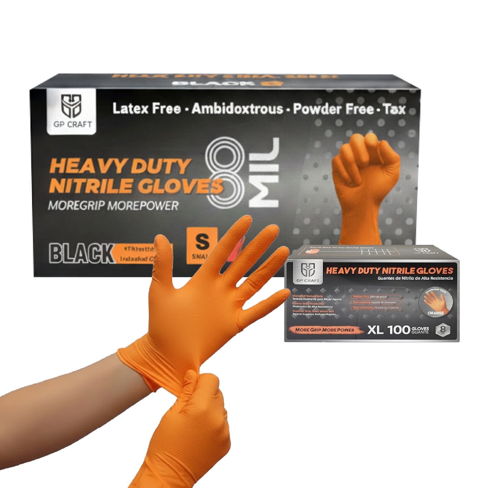 GP Craft Orange Large Nitrile Gloves Diamond 8Mil Disposable Latex Free 1000/Cas
