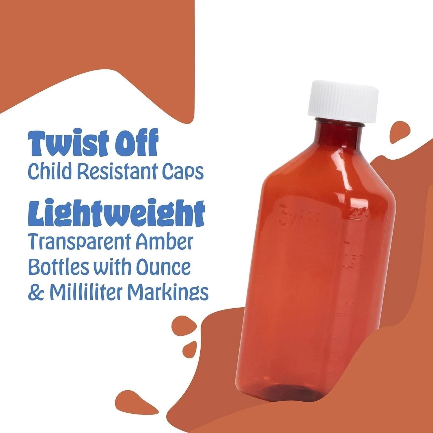 Amber Graduated Oval Liquid Medicine Bottles Plastic CR Caps Multiple Sizes