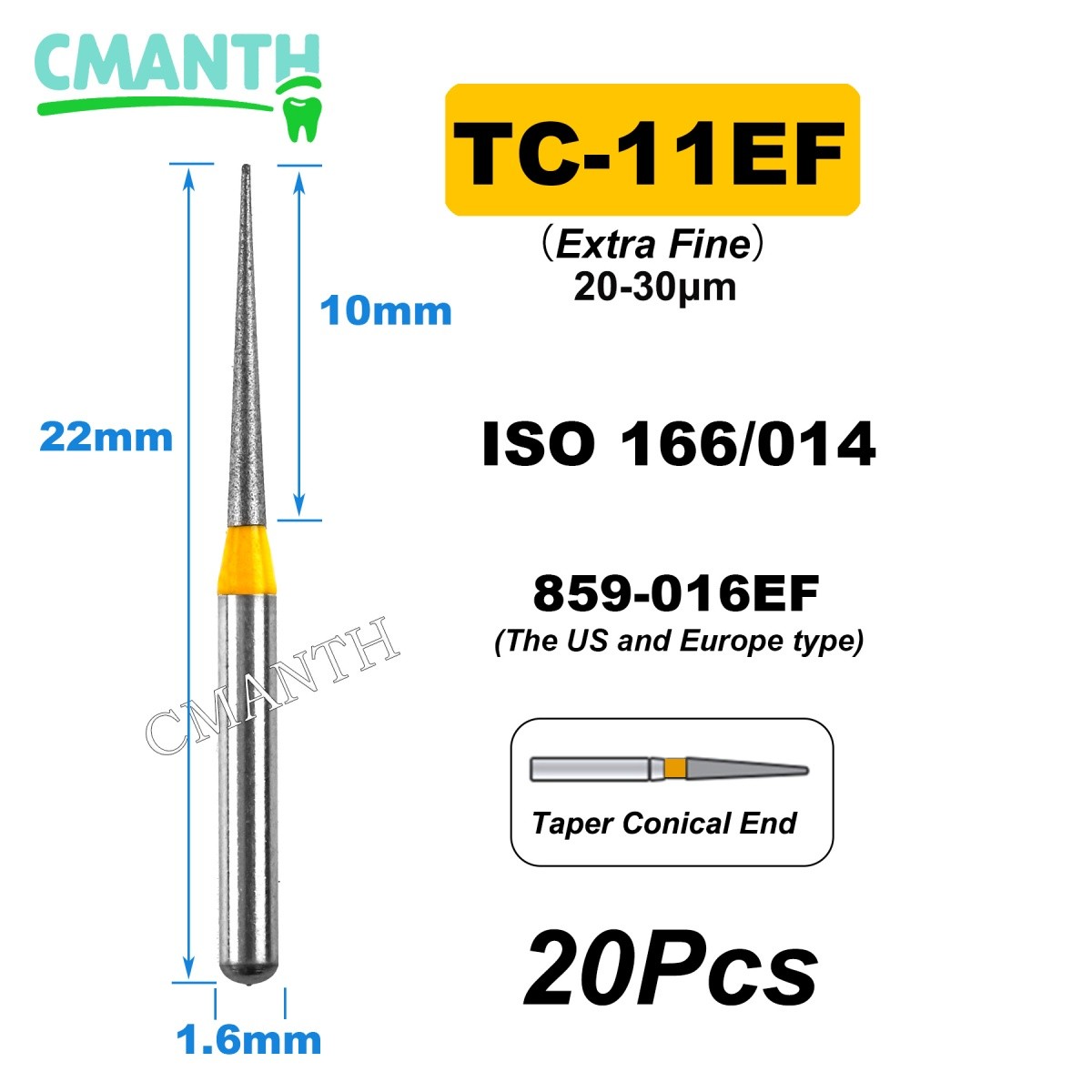 US Fine Dental Burs Diamond Burs High Speed Turbines Drills Tools 1.6mm 20pcs