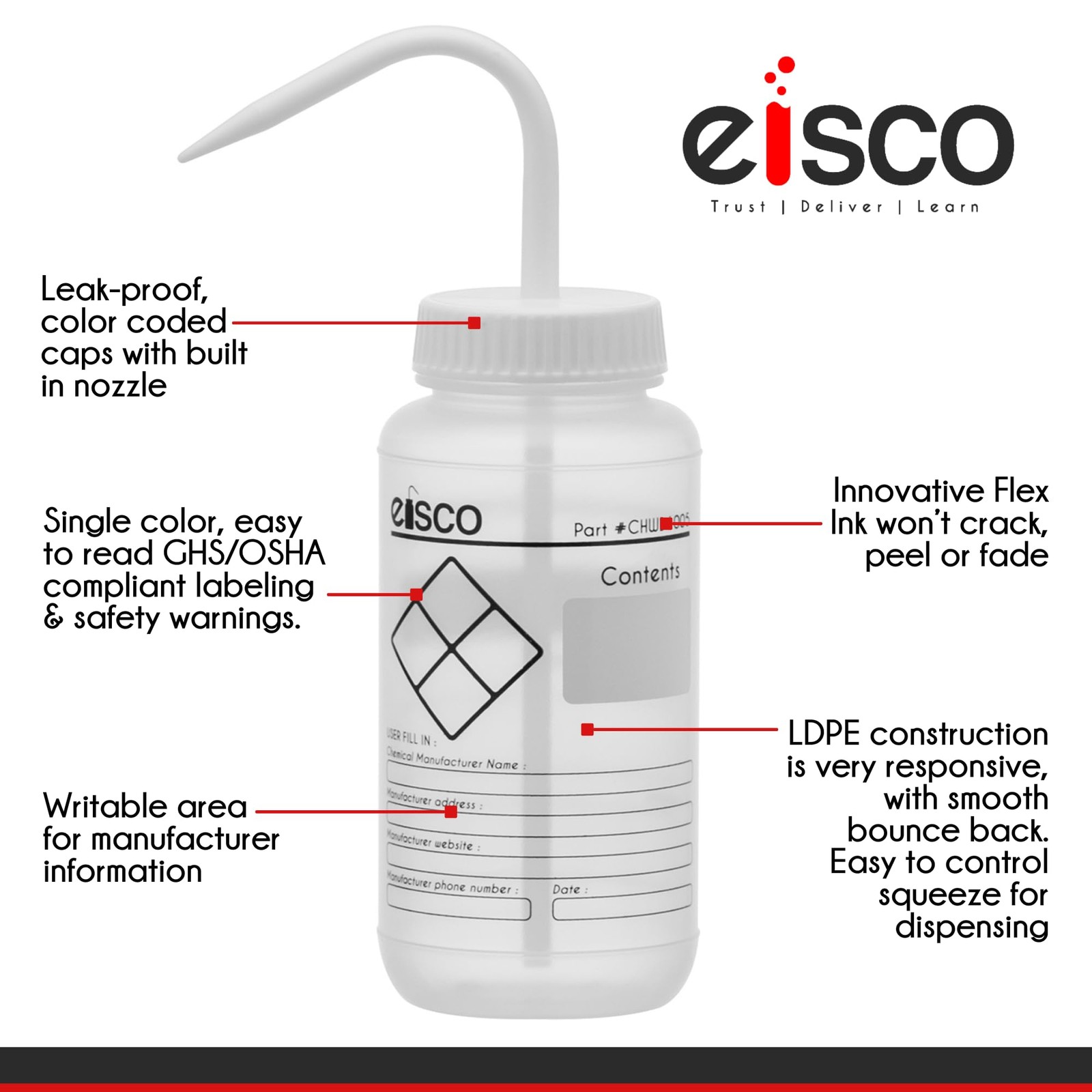 EISCO 6PK Chemical Wash Bottle, Blank Labels, 500ml – Wide Mouth, Self Ventin…