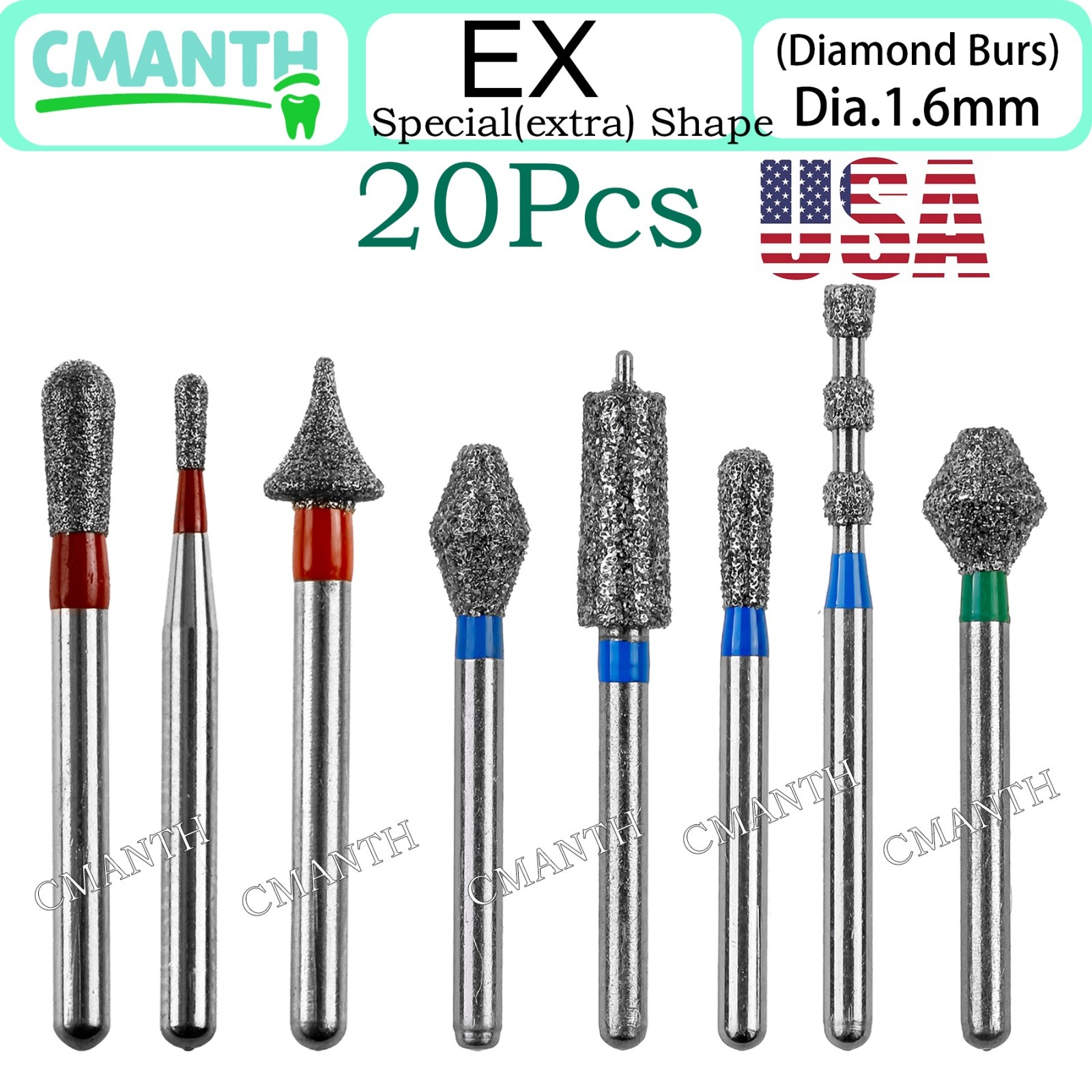 US Dental Burs FG High Speed Diamond Burs Dental Lab Polishing Tools 1.6mm 20pcs