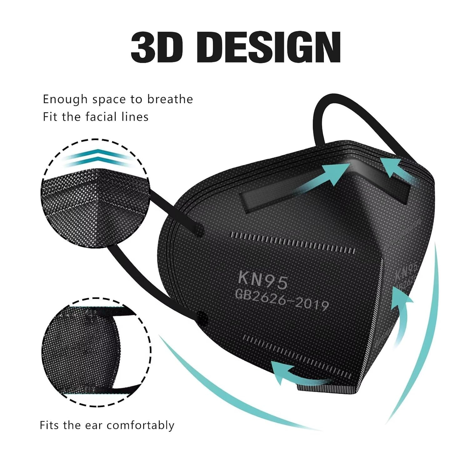 50Pcs KN95 Face Mask Black 5 Layer Cup Dust Safety Masks Filter Efficiency≥95% B