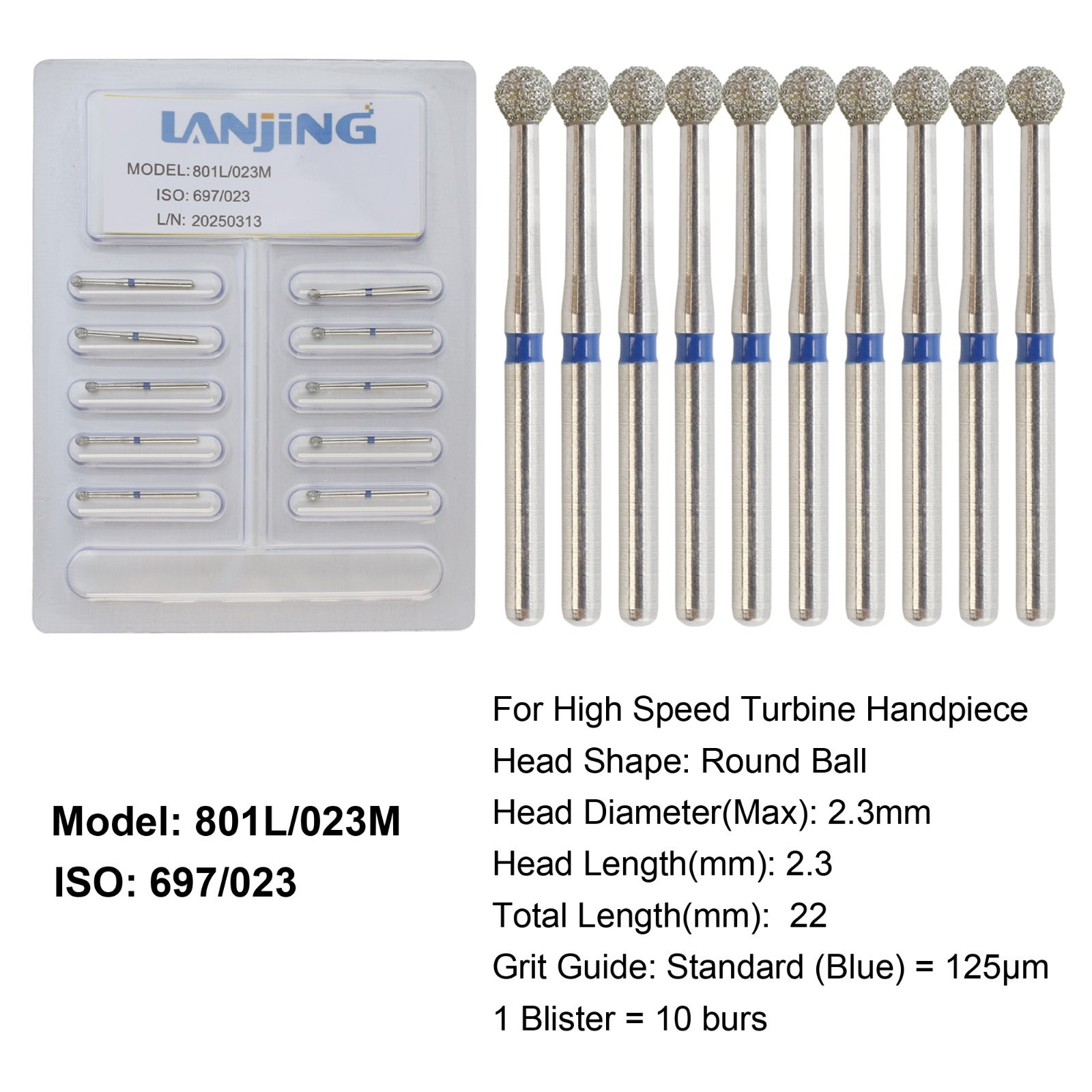 Dental Round Diamond Bur Long Surgical Diamond Bur FG High Speed Coarse Fine 801