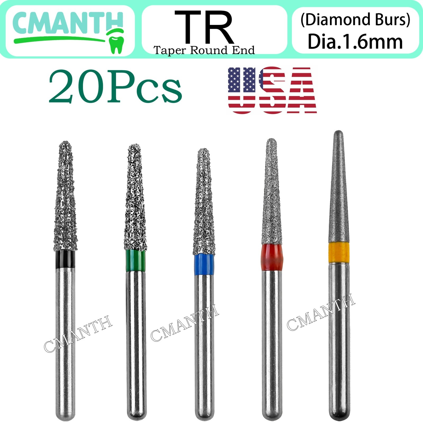 US Dental Burs FG High Speed Diamond Burs Dental Lab Polishing Tools 1.6mm 20pcs