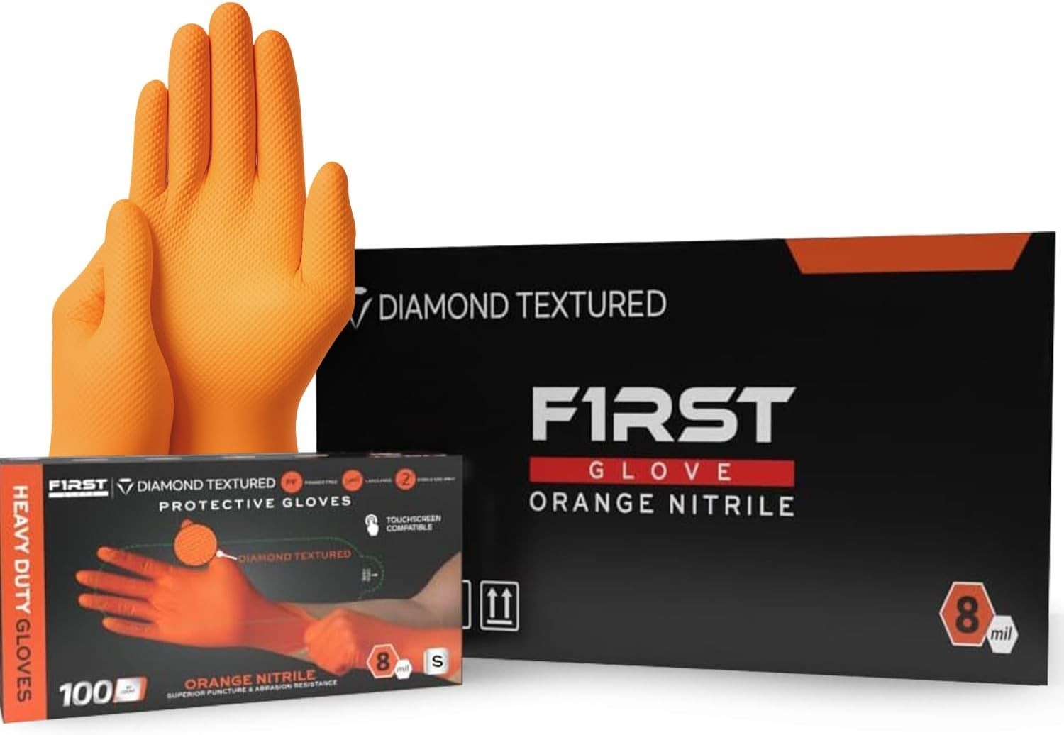 First Glove Grip Orange Nitrile Disposable Gloves 8 Mil Raised Diamond Texture