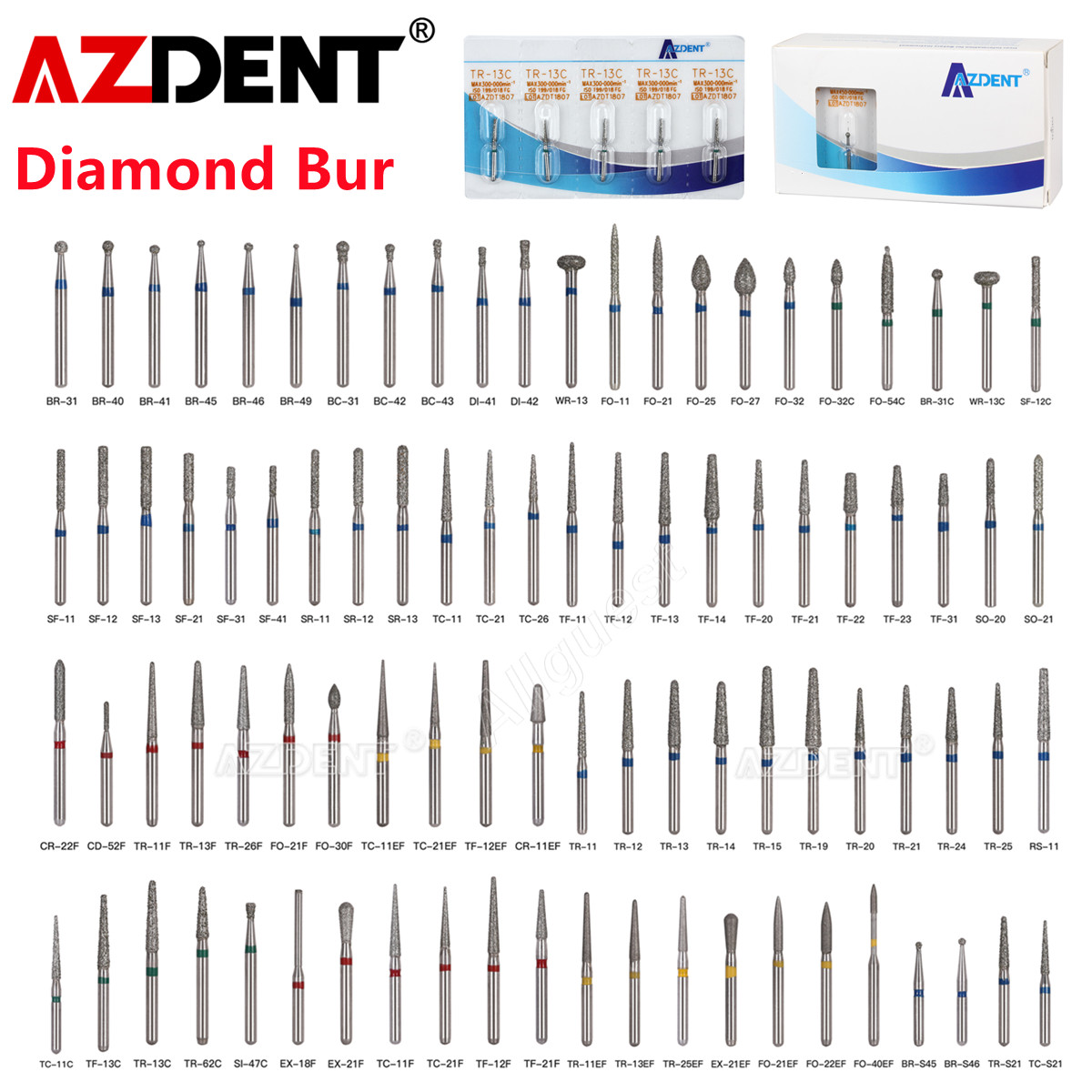 50pcs AZDENT Dental FG Diamond Burs Drills for High Speed Handpiece 100 Types