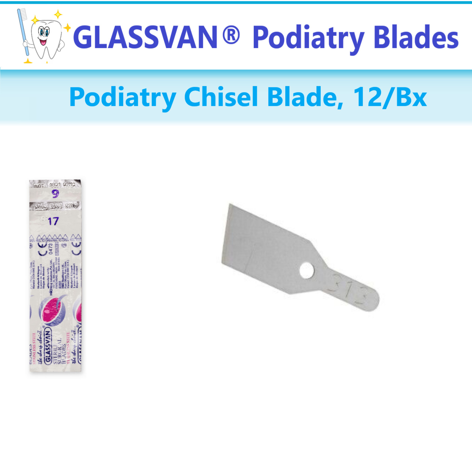 GLASSVAN® Podiatry Blades #9, #81, #88, #313, #314 Podiatry Chisel Blade, 12/Bx