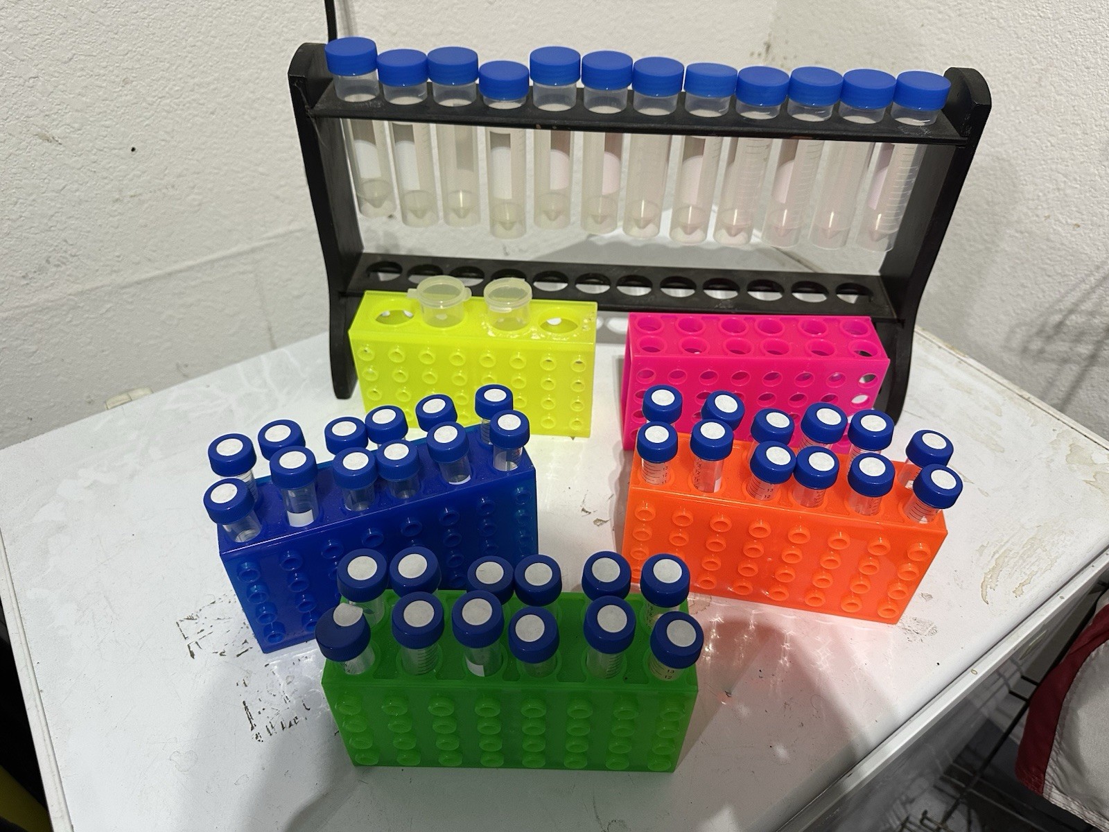 Laboratory Test Tube Rack Set Lot – 2 Tier Rack + 2 Plastic Racks + Tubes