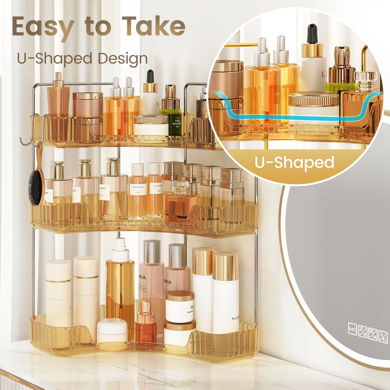 Kinkota Golden 3-Tier Corner Bathroom Organizer Countertop Storage Shelf Hooks M