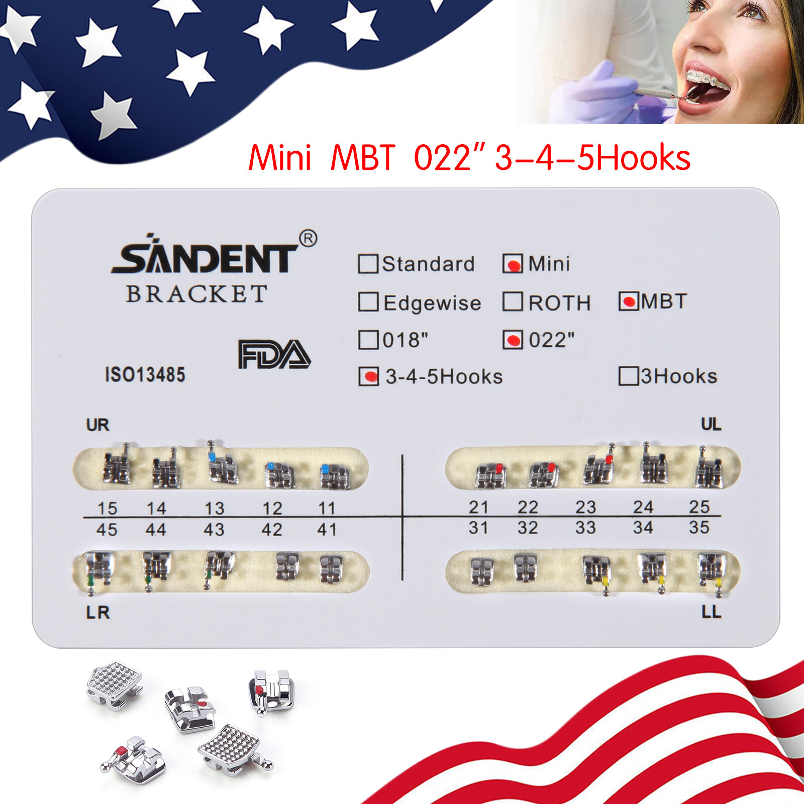 10X Dental Orthodontic Metal Brackets Braces Mini MBT Slot.022 345 Hooks ARCH