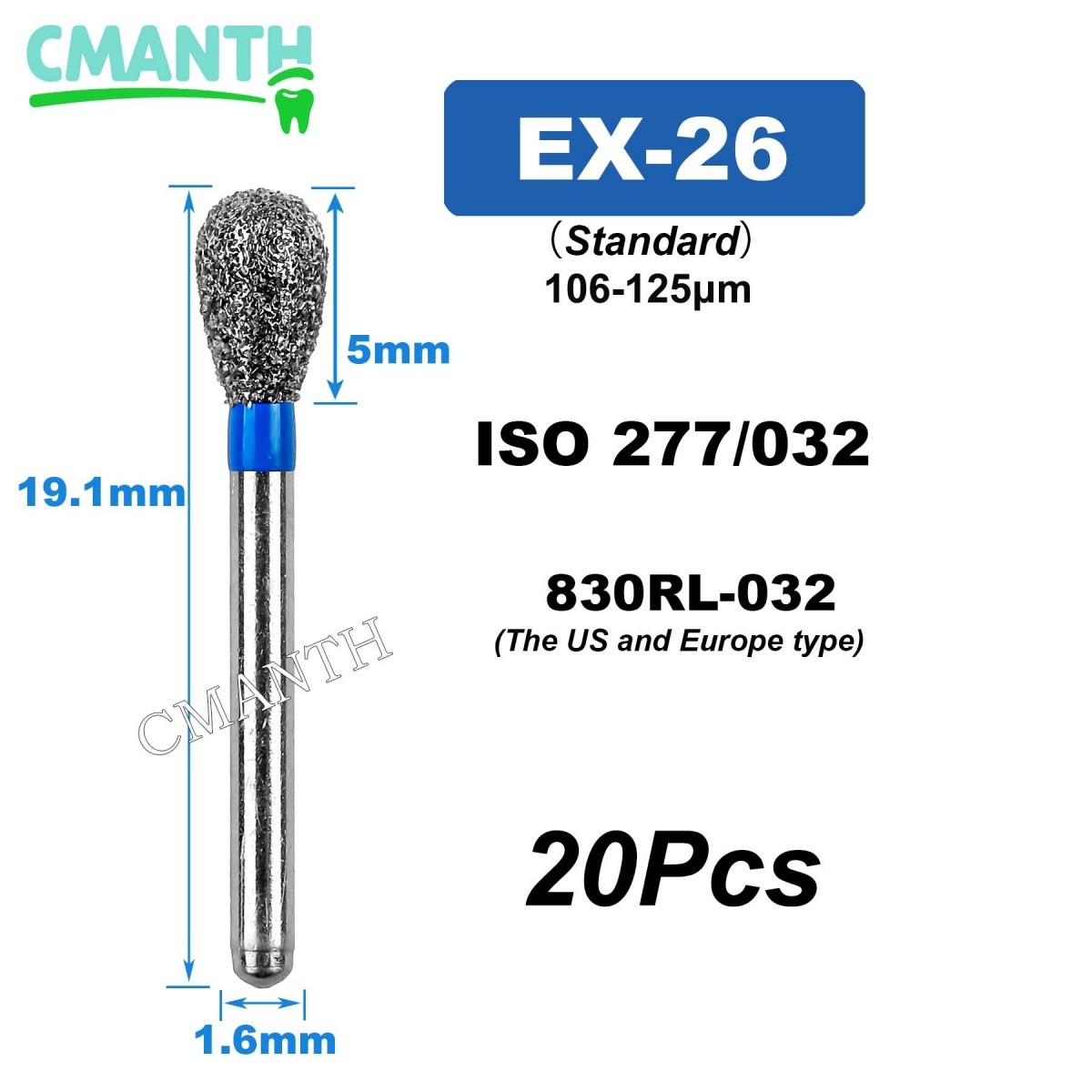 US EX Type Dental Diamond Burs FG High Speed Polishing Burs Dentist Tools 20Pcs