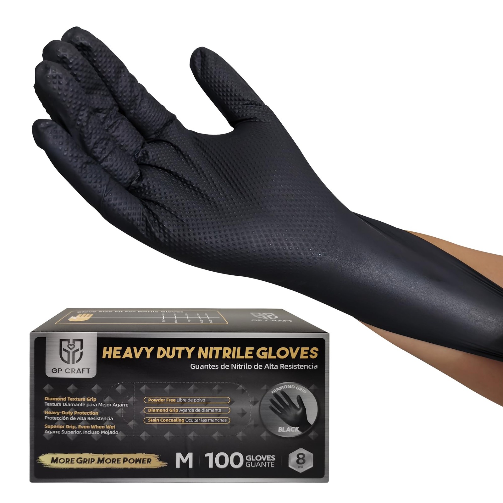 GP CRAFT Heavy Duty Black Diamond Grip 8mil Nitrile Gloves – Industrial Grade…