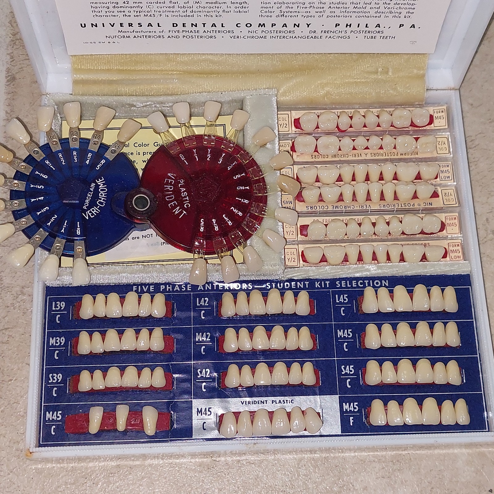VTG 50s UNIVERSAL DENTAL CO PA EXPERIMENTAL KIT FIVE PHASE ANTERIORS VERI-CHROME
