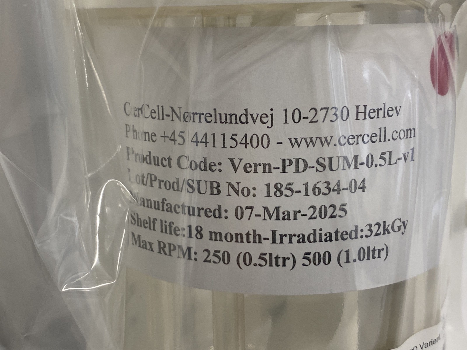 CERCELL Custom Single-Use 500mL CellVessel Bioreactor w/ pH Sensor 185-1634-04