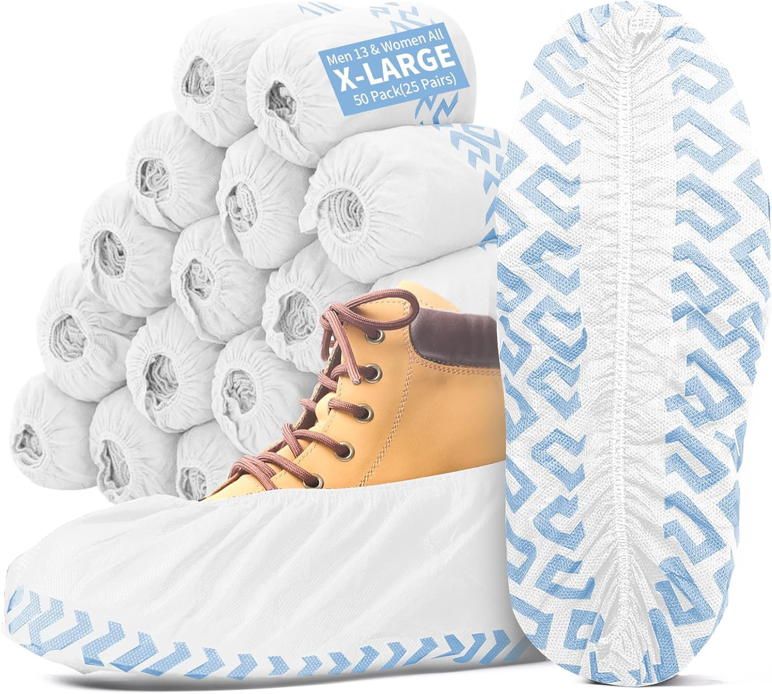 X-Large Shoe Covers Disposable Non Slip Booties 50 Pack White Fits Up to Men 13