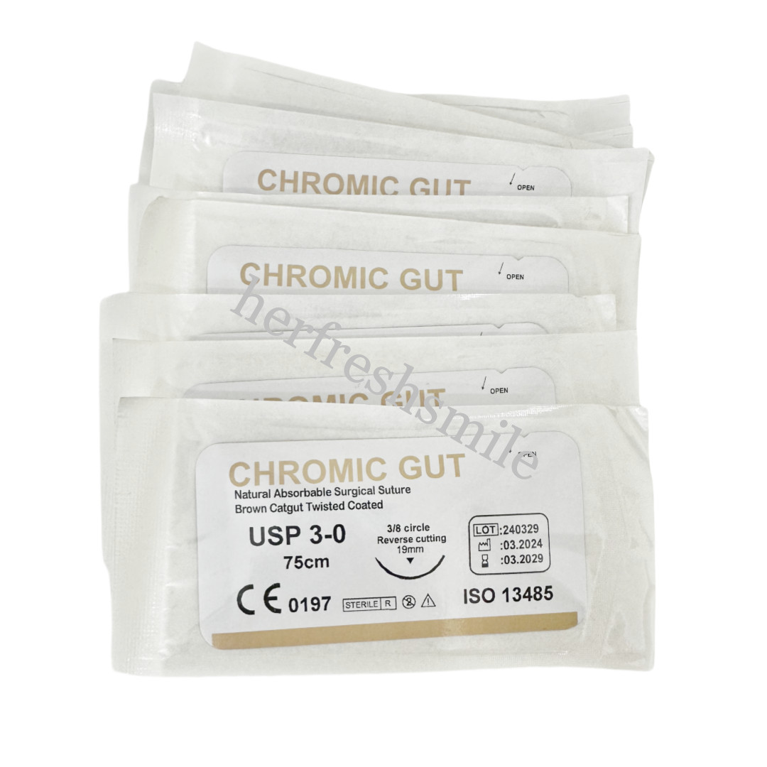 Dental Absorbable Surgical Suture Brown CHROMIC GUT 3-0 75cm 3/8 Reverse Cutting