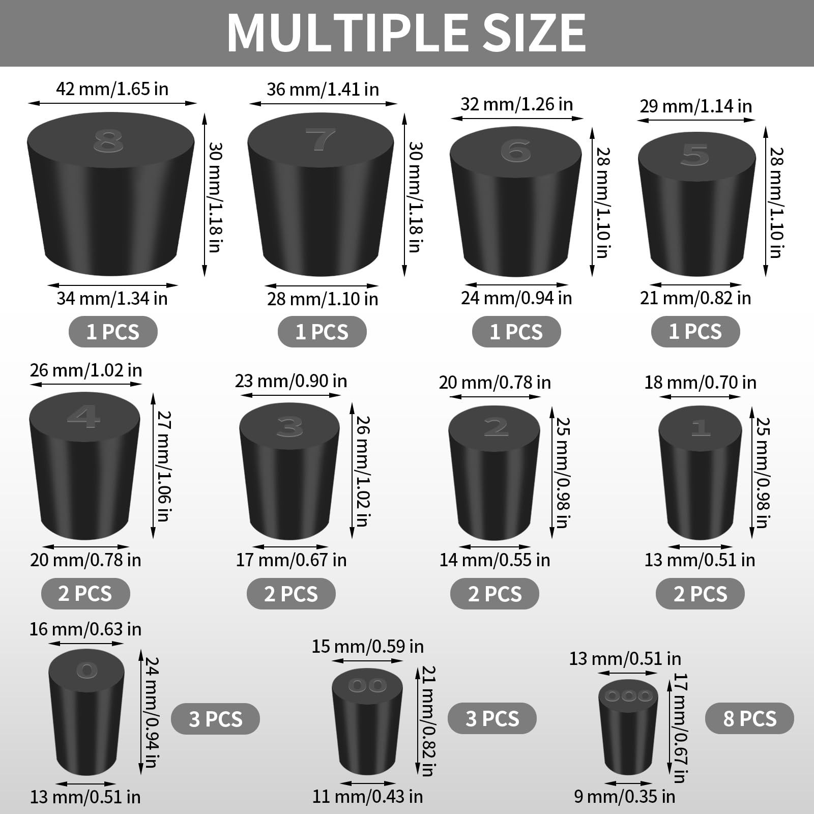 26 Pack Solid Rubber Stoppers – 11 Assorted Sizes Stopper Plugs, 000# – Black
