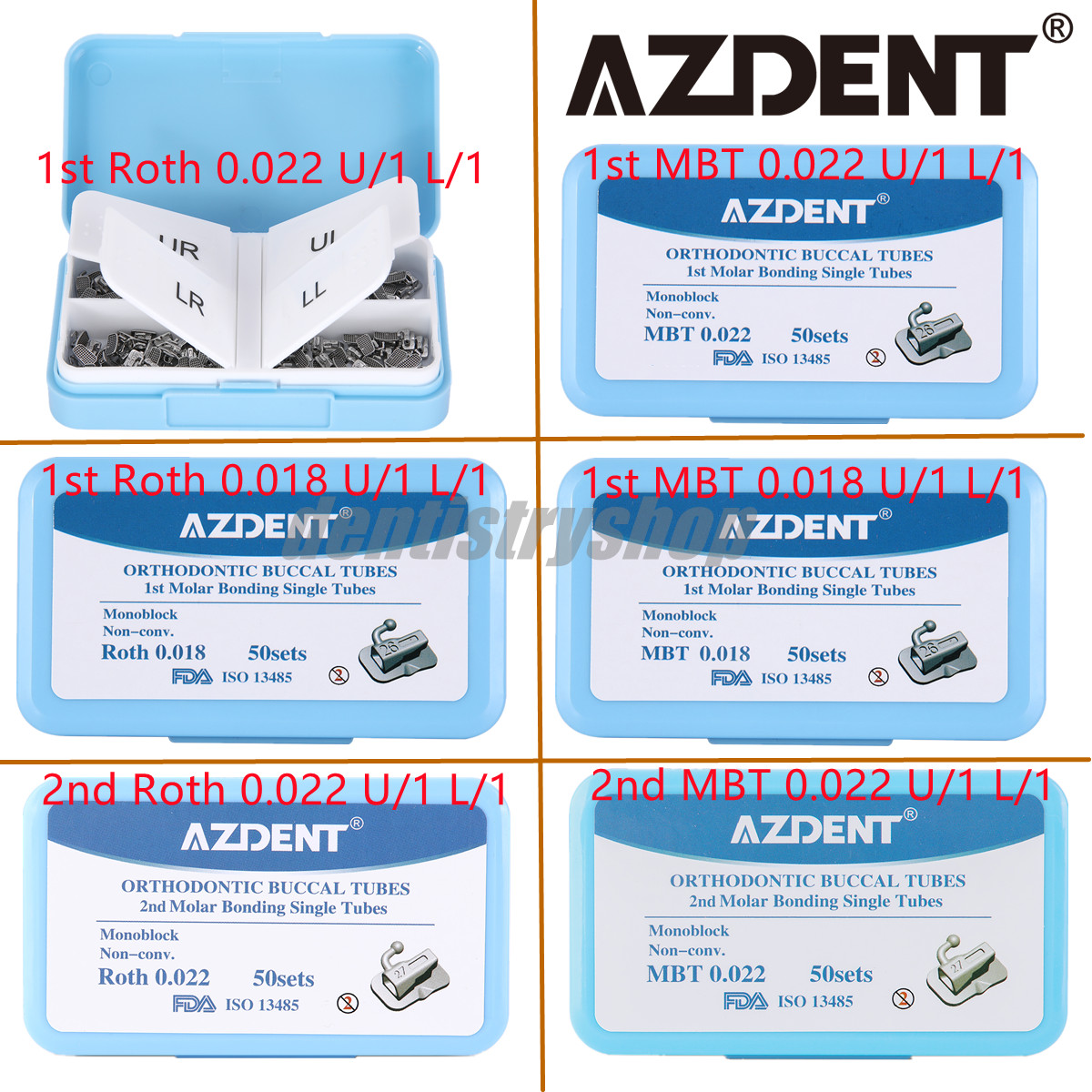 200Pcs Dental Orthodontic Buccal Tubes 1st/2nd Molar MBT/Roth 0.022/0.018 AZDENT