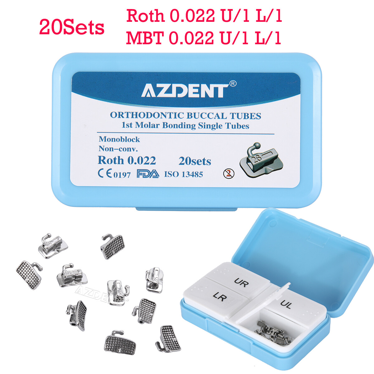80Pcs AZDENT Ortho Bondable Monoblock Buccal Tubes 1st Molar MBT/Roth 0.022