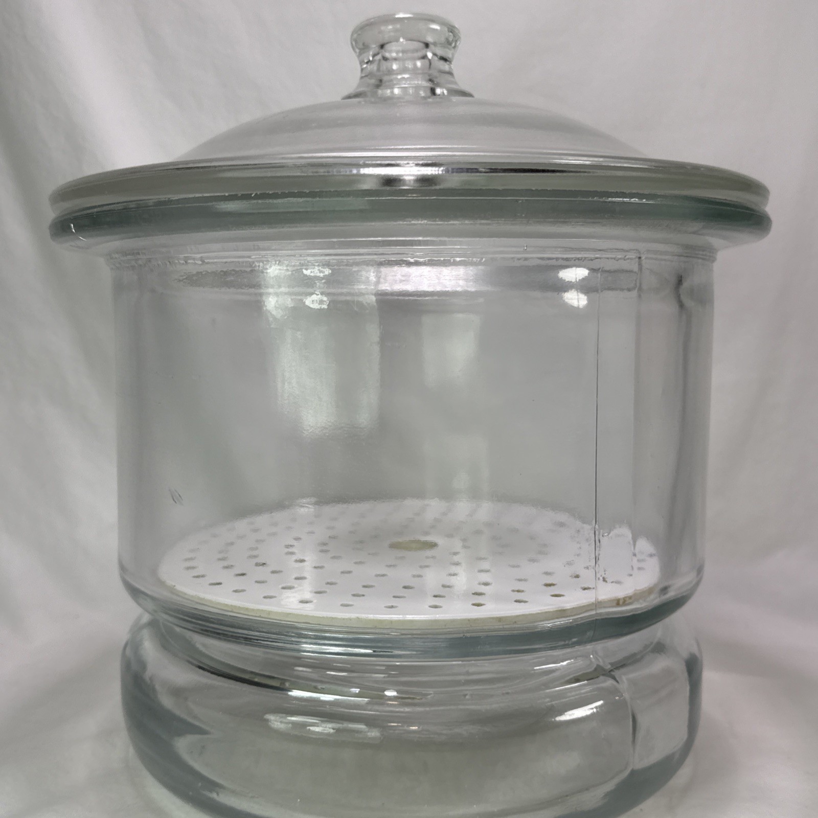vintage Large glass desiccator jar greased rim coors porcelain plate 12”X 9” HTF