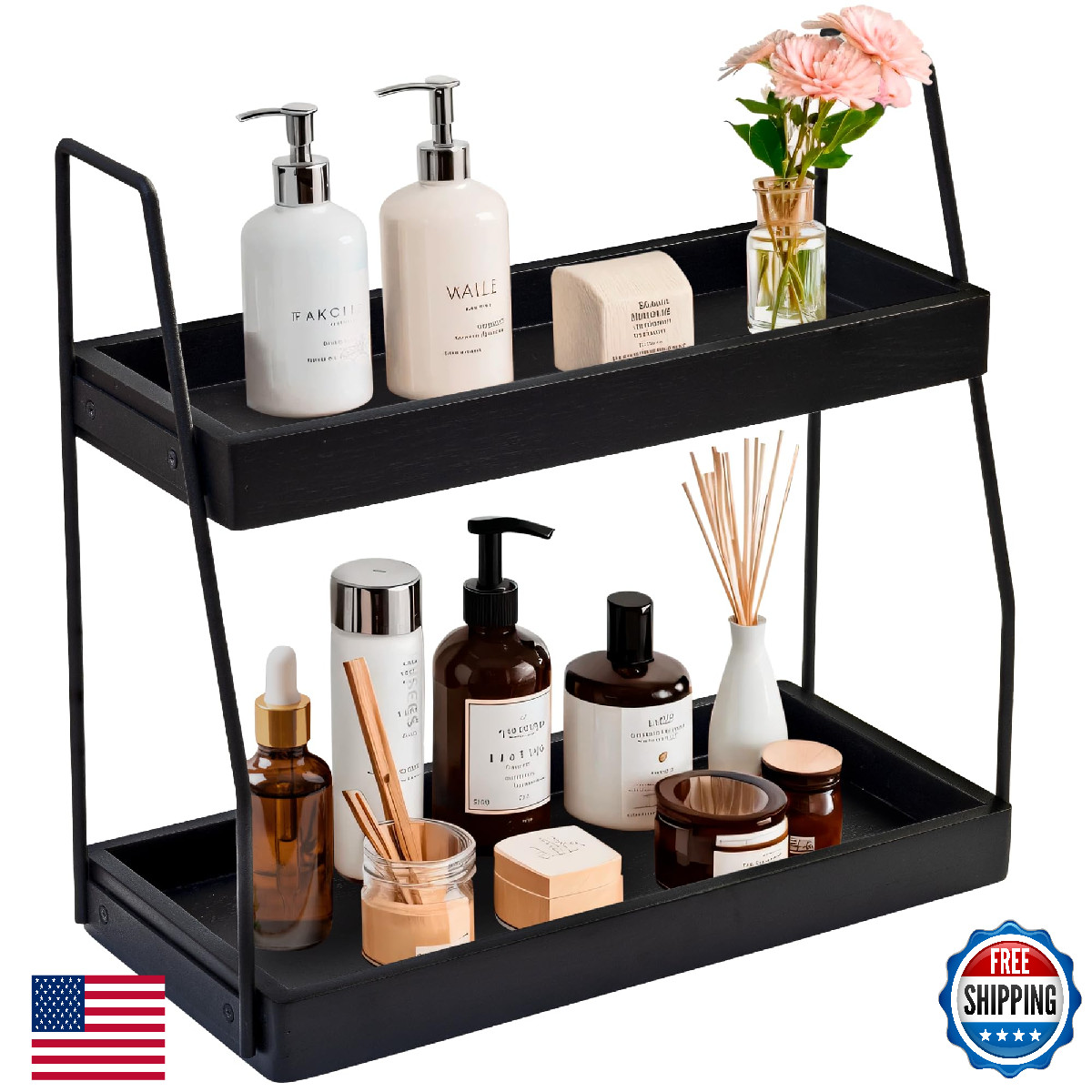 Acacia 2-Tier Wood Bathroom Countertop Organizer Shelf 13.6x14x6.7″