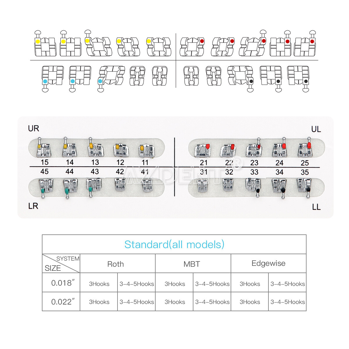 10 Packs AZ Dental Orthodontic Brackets Standard Braces MBT .018 Hooks 3-4-5