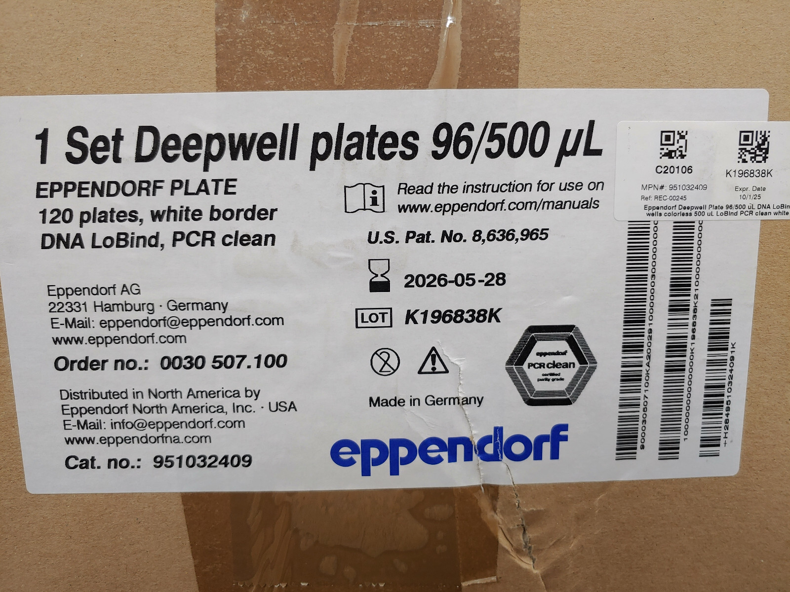 120 Box EPPENDORF 951032409 1 Set Deepwell Plates 96 500µL LoBind WhIte Border