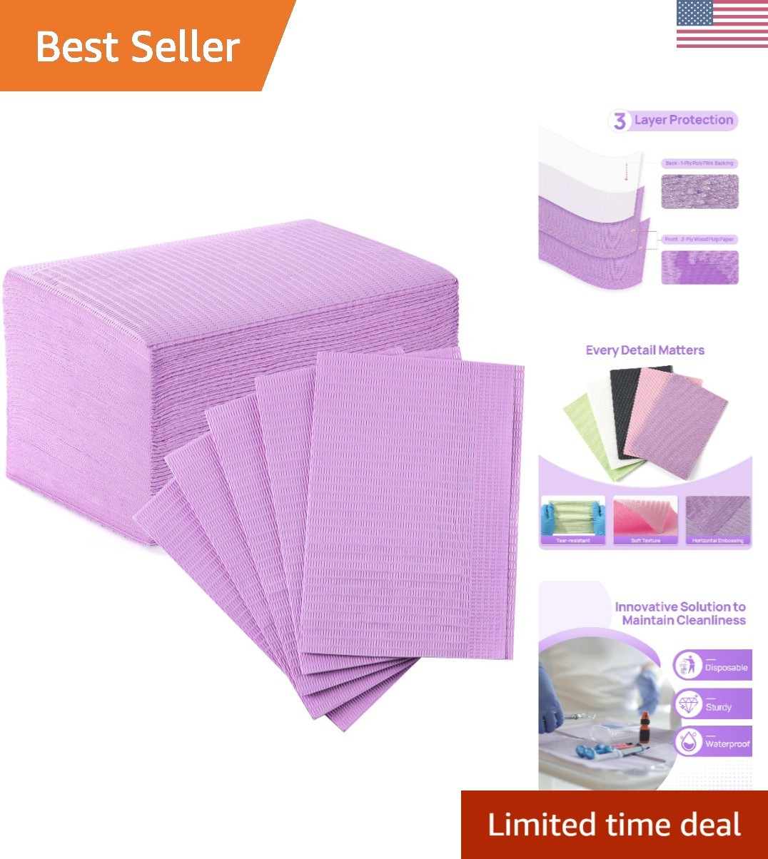 Dental Bibs, Purple, 50 Pieces, Disposable,13″ x 18″ 2-Ply Paper 1-Ply Film D…