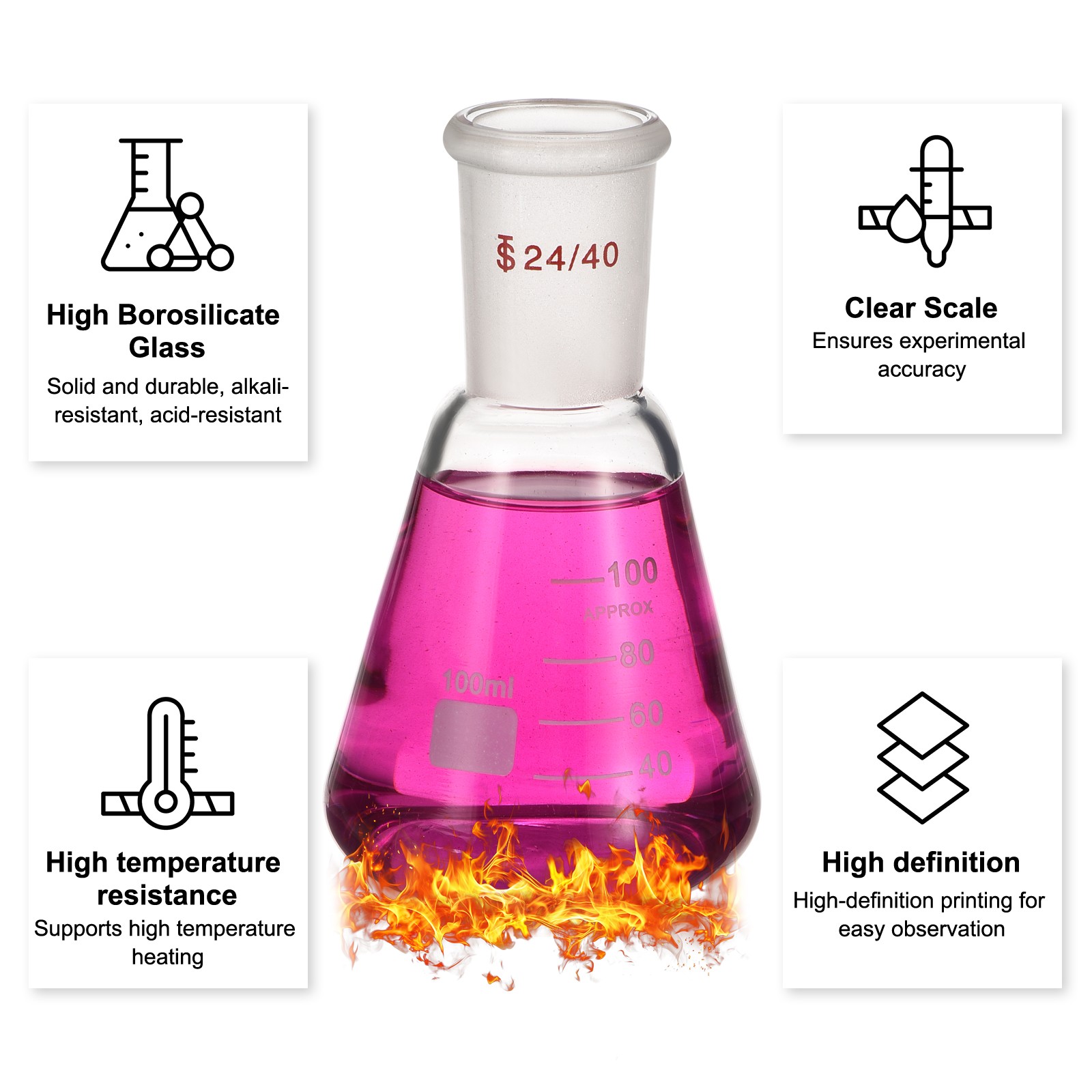 24/40 Erlenmeyer Flask, 100ml/3.4oz with 24/40 Standard Taper Outer Joint