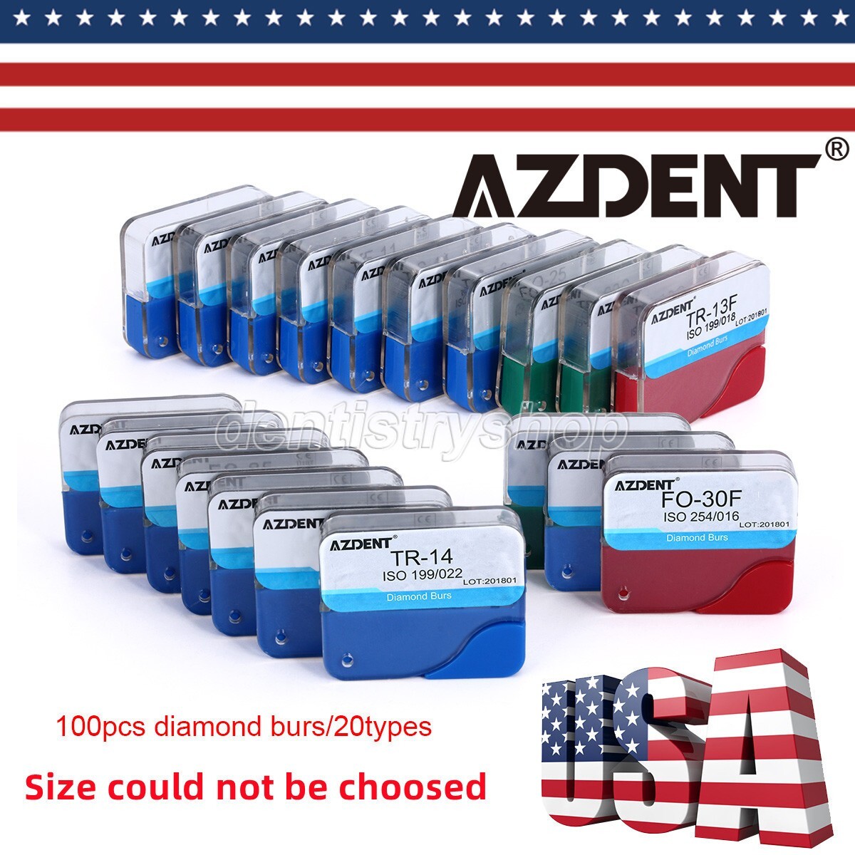 AZDENT Dental Diamond Burs High Speed Handpiece Friction Grip 20 Types