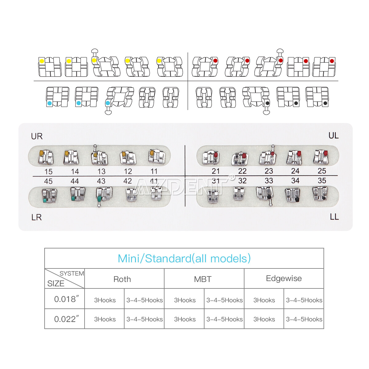 AZDENT Dental Orthodontic Brackets Braces Mini Roth MBT Slot 022/018 Hooks 345