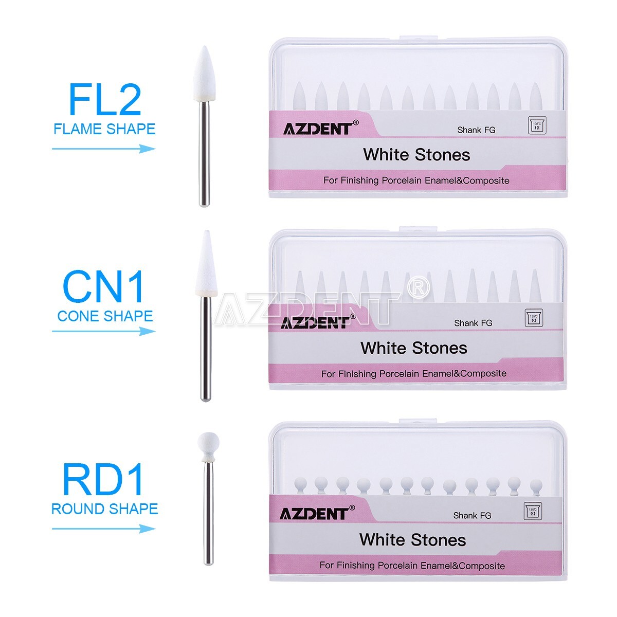 AZDENT Dental Mounted White Stone Polishing Burs FG Polisher For High Speed