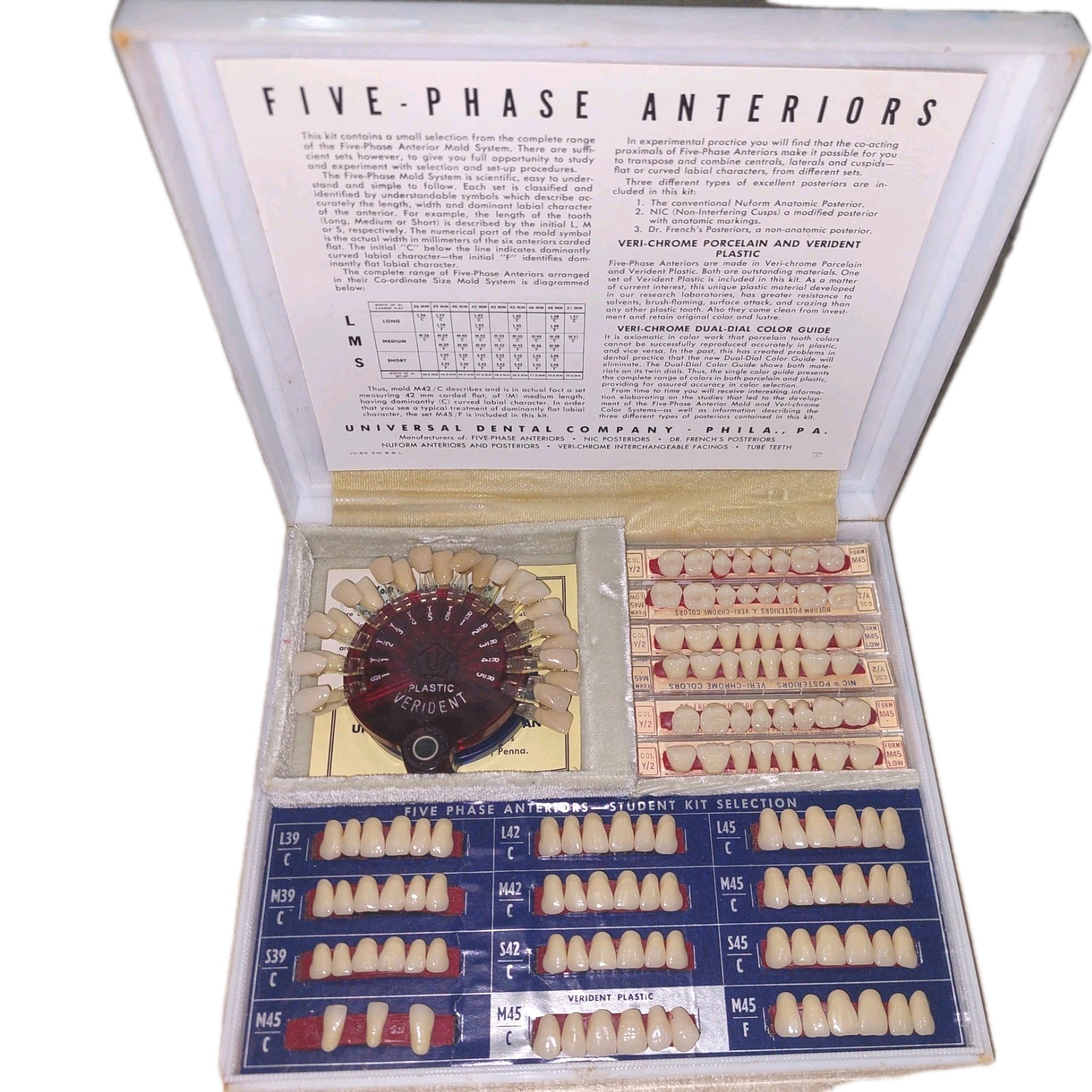 VTG 50s UNIVERSAL DENTAL CO PA EXPERIMENTAL KIT FIVE PHASE ANTERIORS VERI-CHROME