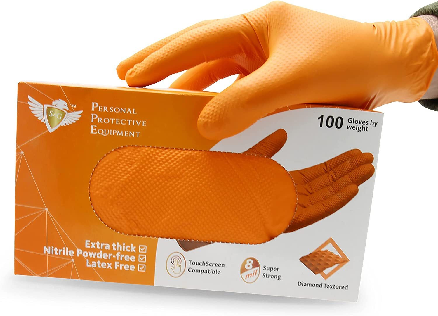 S&G Heavy Duty Orange Nitrile Disposal Gloves Powder Latex Free 8 Mil ML XL XXL
