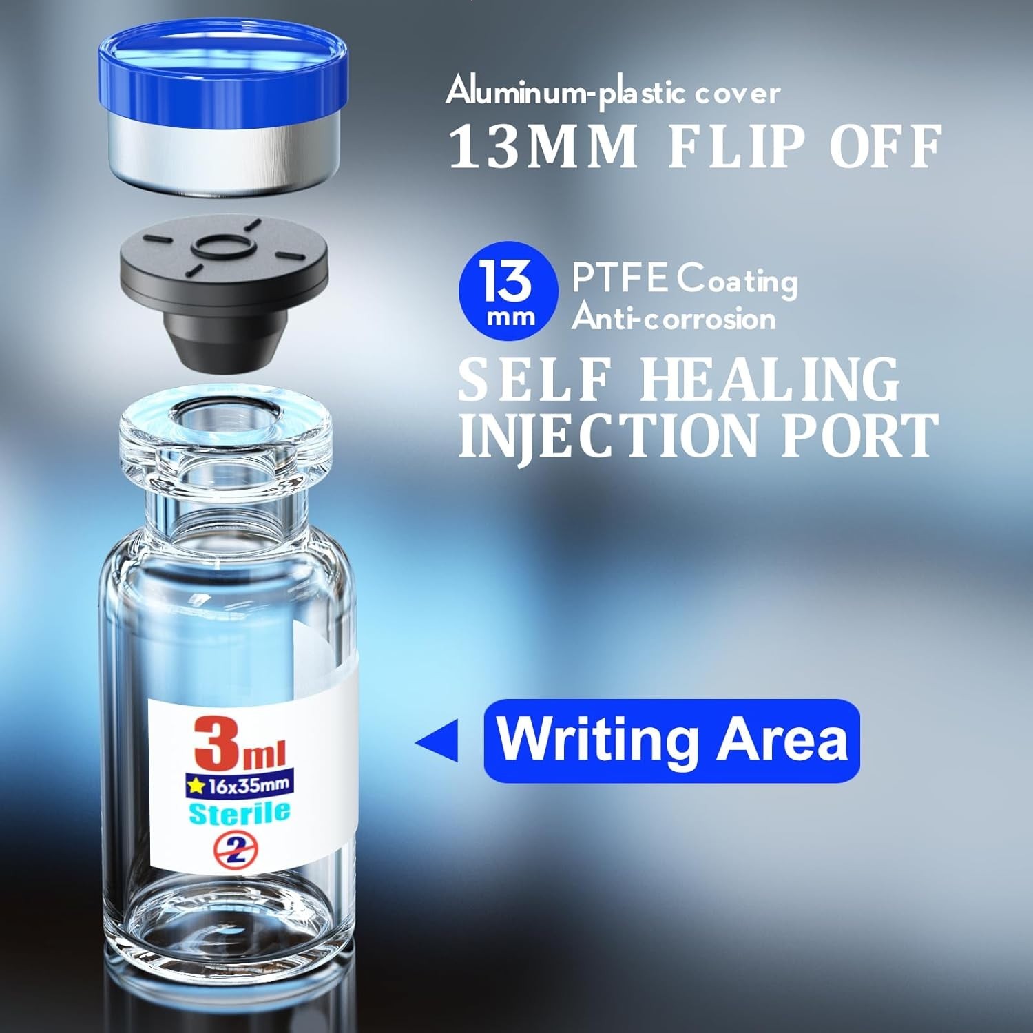 Sterile Glass Vials 3ml with Injection Port Flip Cap 10pcs Medical Vial