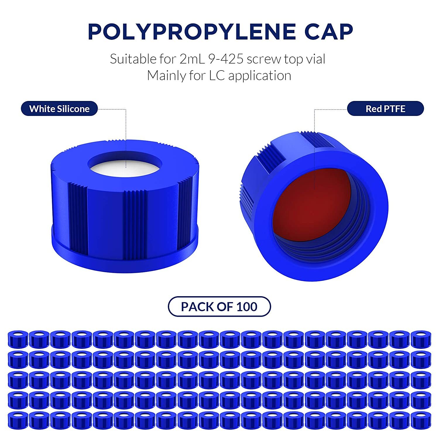 9mm Blue Screw Caps Teflon/Rubber Liner Red PTFE for 9-425 LAB Vials HPLC/GC