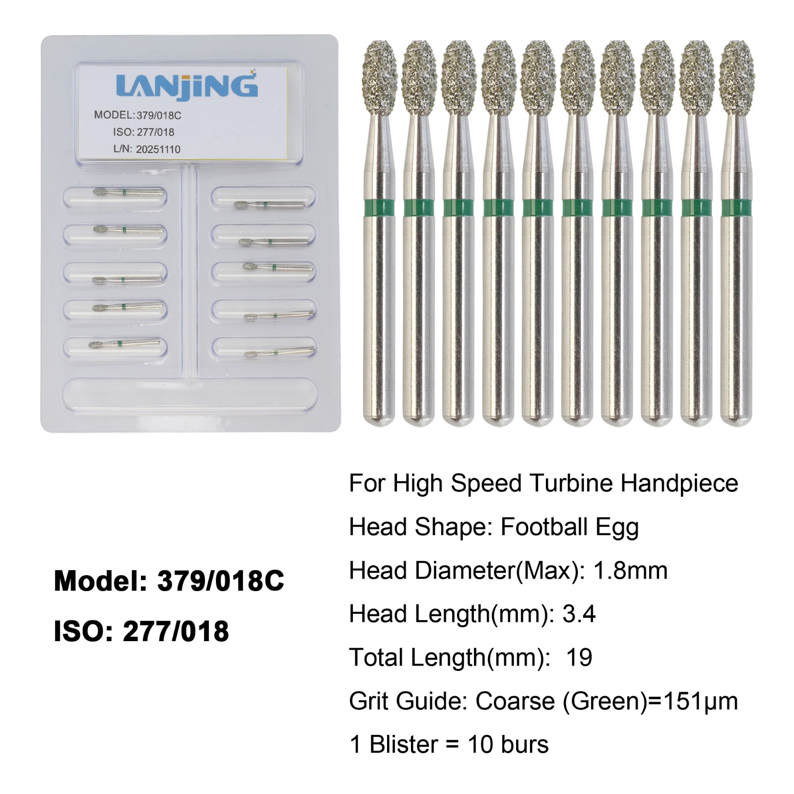 Dental Diamond Burs Football Bur FG Fine Coarse High Speed Friction Grip 368 379