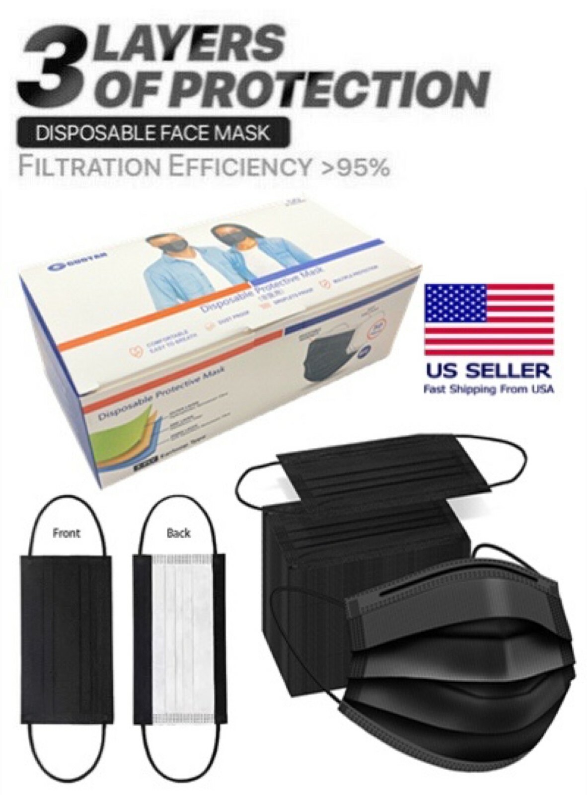 50-100 PCS Black & White Face Mask Disposable Non Medical Earloop Mouth Cover