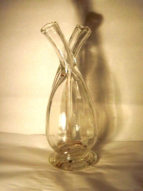 EXTREMELY ODD CONJOINED RIBBED & HORNED BOTTLE MADE IN FRANCE EACH W GLASS STRAW